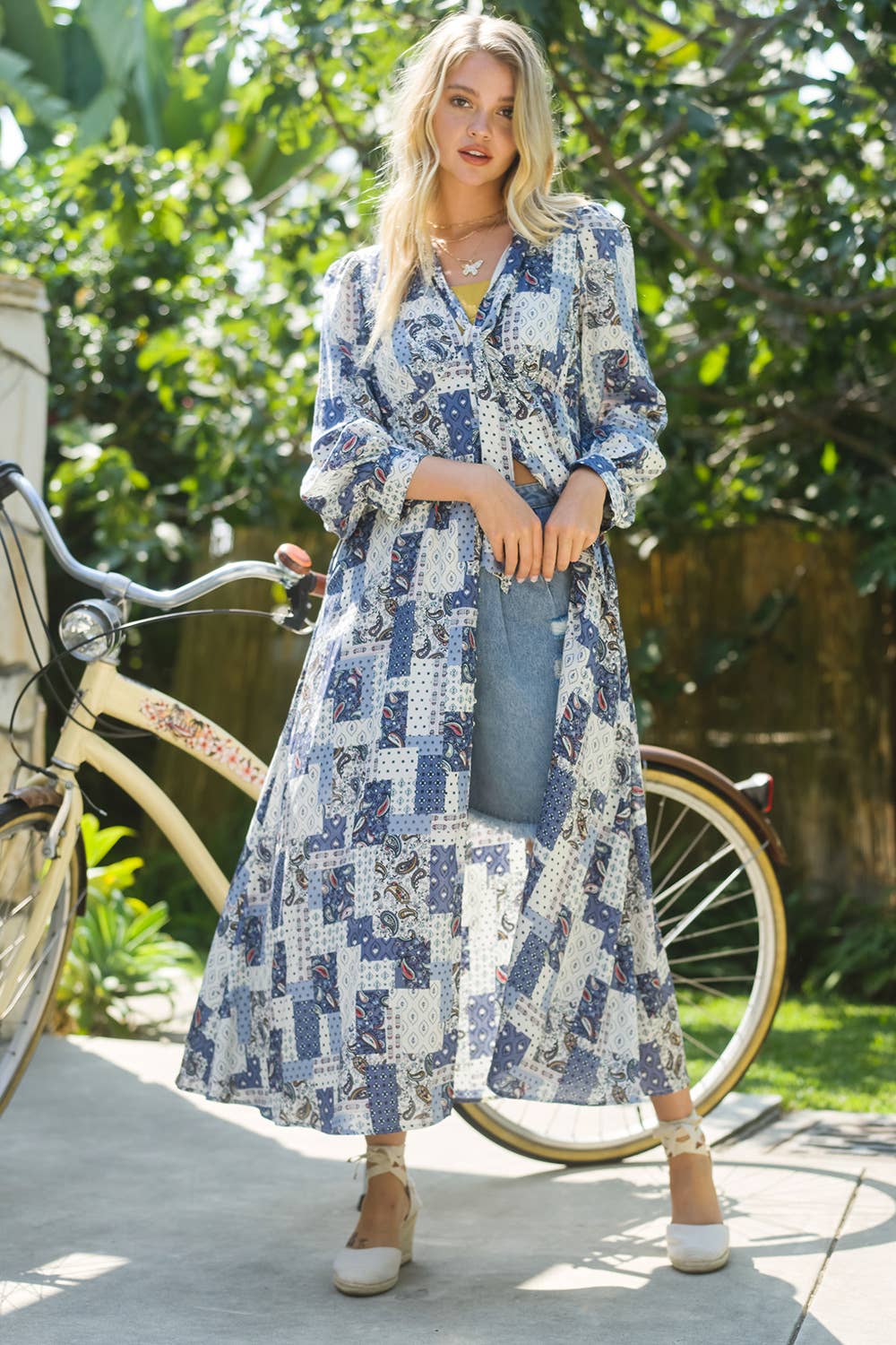 patchwork boho midi dress Floral Print Contrast Boho Patchwork V Neck Loose Midi Dress Light Blue / S by Blue Zone Planet